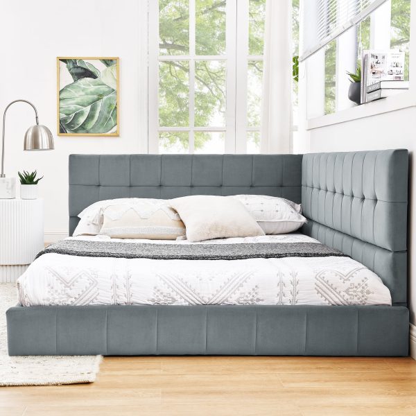 Full Size Upholstered Tufted Bed Frame with Comfortable Backrest and Armrests, Velvet Sofa Bed for Bedroom or Living Room, Grey (80.5'' x 59'' x 30.5'') - Image 4