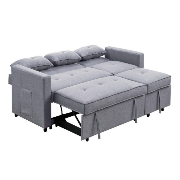 Benjara BM286632 80 in. Jayce Wood Convertible Sleeper Sofa with Side Pocket, Light Gray & Black - Image 4