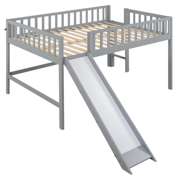 Gray Full Size Low Loft Bed with Fun Ladder and Slide for Kids‘ Bedroom Sturdy and Stylish Design Space-Saving Furniture Solution for Cozy Sleep and Play Area - Image 7