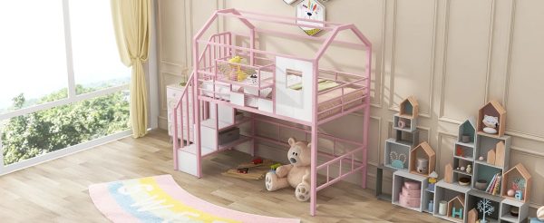 Pink Twin Metal Loft Bed with Unique Roof Design and Convenient Storage Box for Kids‘ Bedroom. Add Charm and Style to Your Child‘s Room with this Space-saving and Chic Furniture Piece. - Image 5