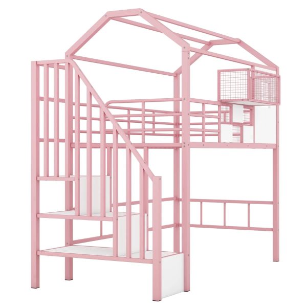 Pink Twin Metal Loft Bed with Unique Roof Design and Convenient Storage Box for Kids‘ Bedroom. Add Charm and Style to Your Child‘s Room with this Space-saving and Chic Furniture Piece. - Image 8