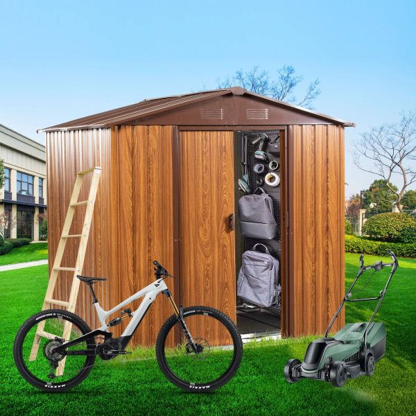 6.36 x 5.7ft Outdoor Metal Storage Shed with Floor Frame, Sliding Doors, Sun Protection, Waterproof Tool Storage Shed for Garden, Patio, Lawn,Backyard (Brown & Wood Grain-No Window)