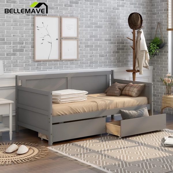 Bellemave Modern Twin Daybed with Storage Drawers Sturdy Wood Bed Frame Sofa Bed with Backrest and Armrest Storage Daybed Sofa Couch for Living Room or Bedroom, Gray - Image 9