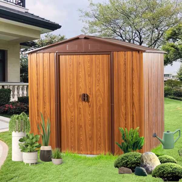 6.36 x 5.7ft Outdoor Metal Storage Shed with Floor Frame, Sliding Doors, Sun Protection, Waterproof Tool Storage Shed for Garden, Patio, Lawn,Backyard (Brown & Wood Grain-No Window) - Image 2