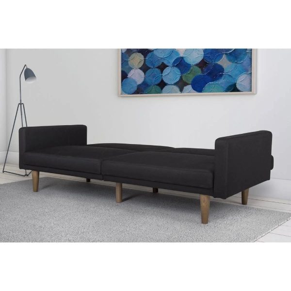 Black Mid-Century Modern Linen Upholstered Sofa Bed with Classic Wood Legs - Image 4