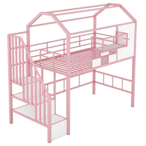 Pink Twin Metal Loft Bed with Unique Roof Design and Convenient Storage Box for Kids‘ Bedroom. Add Charm and Style to Your Child‘s Room with this Space-saving and Chic Furniture Piece. - Image 7