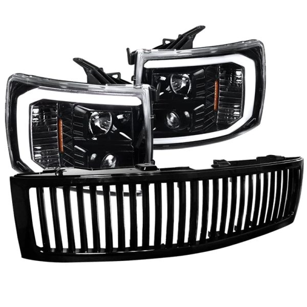 Spec-D Tuning LED Light Bar Jet Black Housing Clear Lens Projector Headlights + Glossy Black Vertical Style Grille Compatible with 2007-2014 Chevrolet Silverado Left + Right Pair Headlamps Assembly