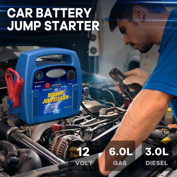 E-Ant Jump Starter with Air Compressor, 900A Peak Jump Starter, 260 PSI Tire Inflator, 12V Battery Jumper Starter Portable, Jumper Cables for Up to 6.0L Gas/4.0L Diesel Engines with DC/USB Ports-Blue - Image 6