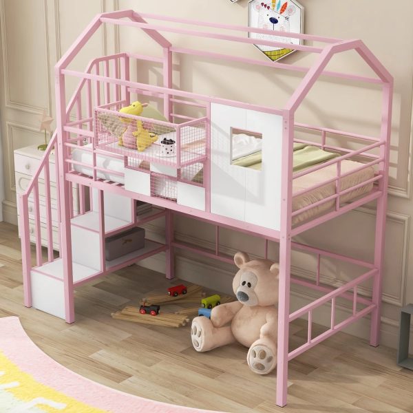 Pink Twin Metal Loft Bed with Unique Roof Design and Convenient Storage Box for Kids‘ Bedroom. Add Charm and Style to Your Child‘s Room with this Space-saving and Chic Furniture Piece. - Image 2