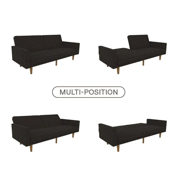 Black Mid-Century Modern Linen Upholstered Sofa Bed with Classic Wood Legs - Image 5