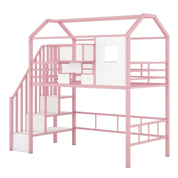 Pink Twin Metal Loft Bed with Unique Roof Design and Convenient Storage Box for Kids‘ Bedroom. Add Charm and Style to Your Child‘s Room with this Space-saving and Chic Furniture Piece. - Image 9