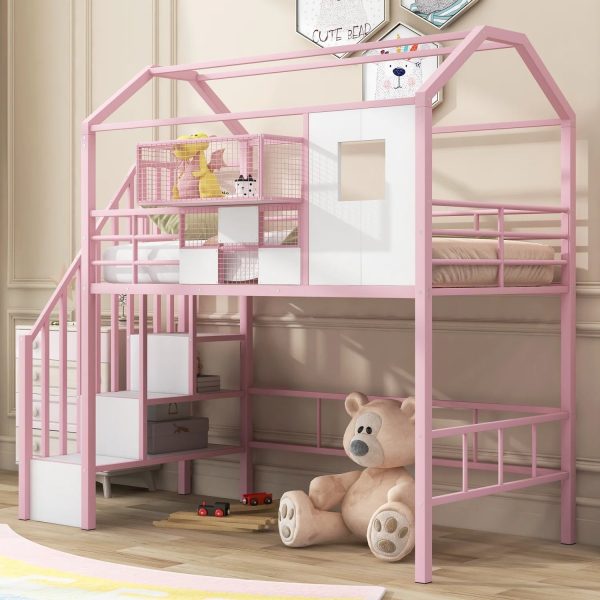 Pink Twin Metal Loft Bed with Unique Roof Design and Convenient Storage Box for Kids‘ Bedroom. Add Charm and Style to Your Child‘s Room with this Space-saving and Chic Furniture Piece.