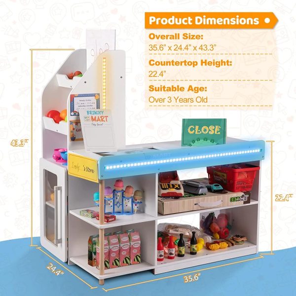 BRINJOY Grocery Store Pretend Play, Kids Play Store Wooden Market Stand with LED Lights&Acrylic Sheet, Supermarket Toy Includes Shopping Bag, Apron, Coupons, Cards for Children - Image 4