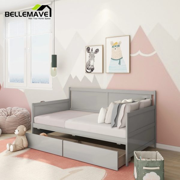 Bellemave Modern Twin Daybed with Storage Drawers Sturdy Wood Bed Frame Sofa Bed with Backrest and Armrest Storage Daybed Sofa Couch for Living Room or Bedroom, Gray - Image 3