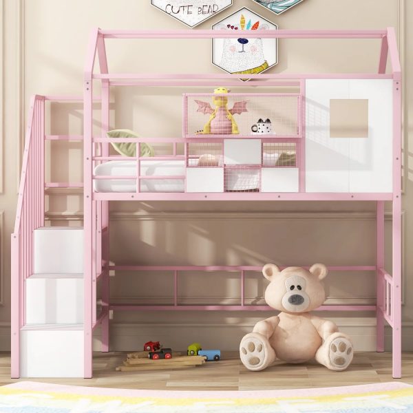 Pink Twin Metal Loft Bed with Unique Roof Design and Convenient Storage Box for Kids‘ Bedroom. Add Charm and Style to Your Child‘s Room with this Space-saving and Chic Furniture Piece. - Image 3