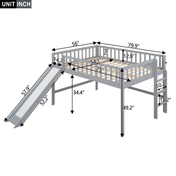 Gray Full Size Low Loft Bed with Fun Ladder and Slide for Kids‘ Bedroom Sturdy and Stylish Design Space-Saving Furniture Solution for Cozy Sleep and Play Area - Image 6