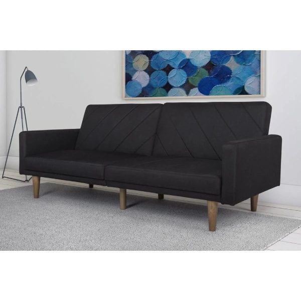 Black Mid-Century Modern Linen Upholstered Sofa Bed with Classic Wood Legs - Image 3