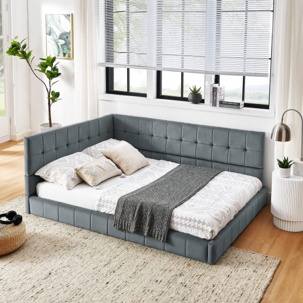 Full Size Upholstered Tufted Bed Frame with Comfortable Backrest and Armrests, Velvet Sofa Bed for Bedroom or Living Room, Grey (80.5'' x 59'' x 30.5'')