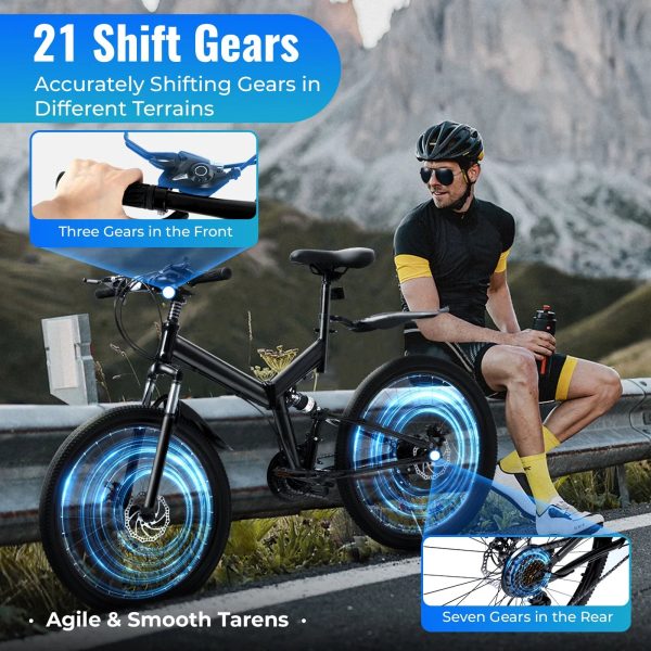 Aiqidi 26 Inch 21 Speed Folding Mountain Bike Full Suspension Dual Disc Brakes Bicycle Unisex Adult Bicycle Black - Image 5