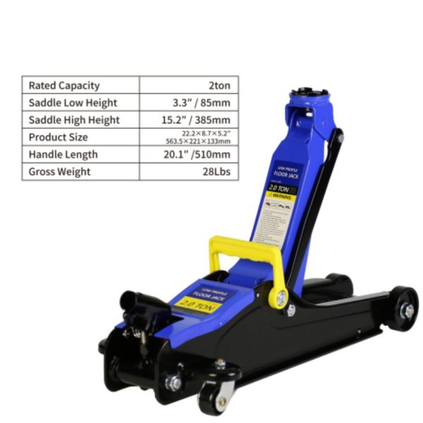 Floor Jack, 2 Ton Low Profile Floor Jack, Heav yDuty Steel Racing Floor Jack with Single Piston QuickLift Pump, Floor Jack Black+Blue + Steel + 2T Single pump + Lifting range 3.3"-15.2" - Image 2