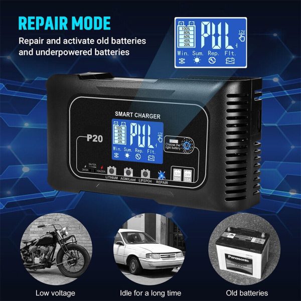 KingFurt Automatic Battery Charger - Intelligent 12V/24V Charging, LCD Display, 20A Amp, All-in-One Solution for Cars, RVs, Trucks - Image 8