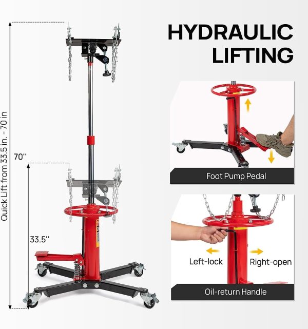 TUFFIOM Transmission Jack, 1660 lbs 3/4-Ton Hydraulic 2-Stage High Lift Vertical Telescoping Floor Jack Stand, 34" to 68" Lifting Range, w/Pedal, 360° Swivel Wheels, Garage/Shop Lift Hoist - Image 11