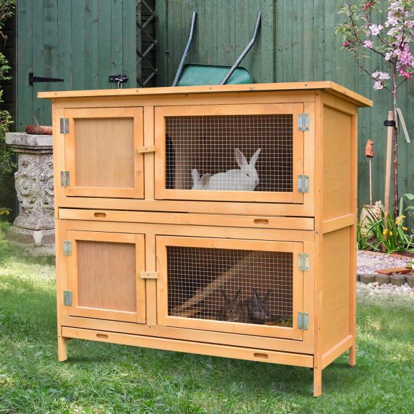 Pawhut Solid Wood Rabbit/Bunny Hutch with 2 Large Main Rooms, Yellow - Image 2