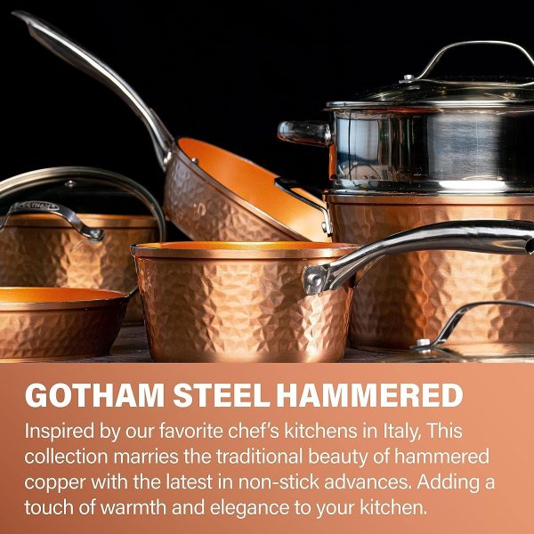 Gotham Steel 10 Pc Hammered Copper Pots and Pans Set Nonstick Cookware Set, Pot and Pan Set, Kitchen Cookware Sets, Non Toxic Cookware Set with Lids, Pot Set, Dishwasher / Oven Safe, 100% Toxin Free - Image 3