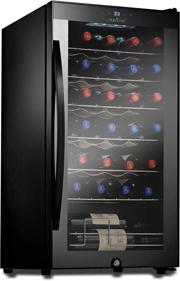 NutriChef 28 Bottle Large Compressor Wine Cooler Refrigerator Cooling System Black Glass Door