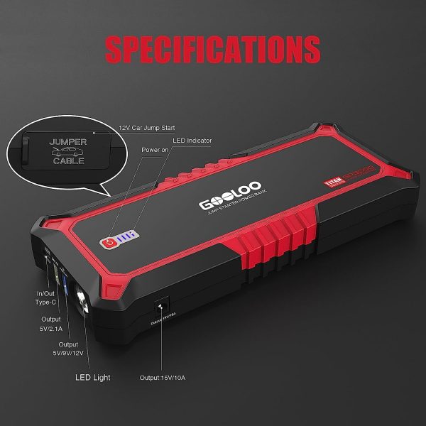 GOOLOO GP3000 Car Jump Starter,3000A Peak Jump Pack(Up to 9.0L Gas and 7.0L Diesel Engine)with USB Quick Charge,Portable 12V Lithium Battery Booster Box Car Starter - Image 6