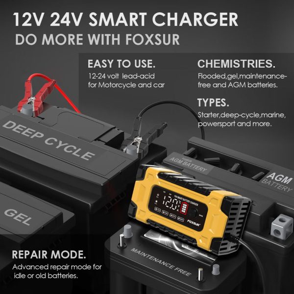 FASLMH Battery Charger 10A 24V5A Smart Automatic Car Battery Charger with LCD Screen Pulse Repair Charger Pack Battery Maintainer for Car, Lawn Mower, Motorcycle, Boat, SUV and More - Image 11