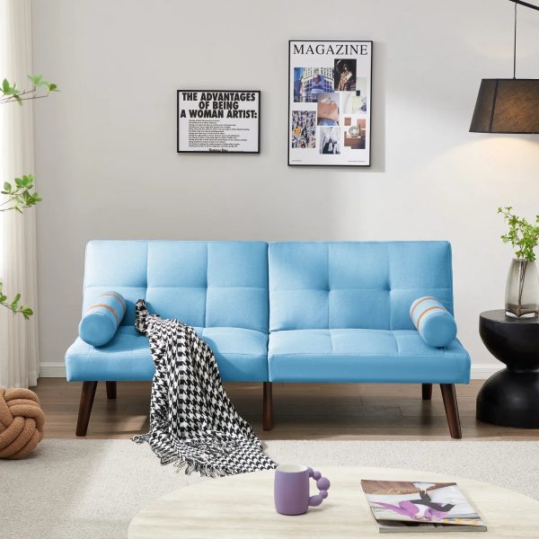 Blue Linen Modern Convertible Futon Sofa Bed with Solid Wood Legs for Versatile Sleeping Options and Stylish Living Room Decor.