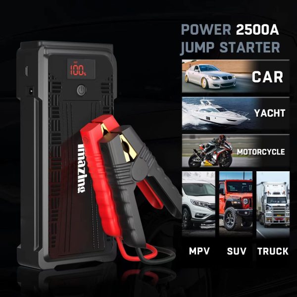 Imazing Portable Car Jump Starter - 2500A Peak 20000mAH (Up to 8L Gas/8L Diesel Engine) 12V Auto Battery Booster Portable Power Pack with LCD Display, QC 3.0 and LED Light - Image 8