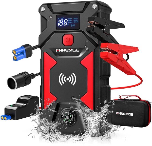 FNNEMGE Car Jump Starter 2500A Peak 24800mAh 12V Super Safe Jump Starter(Up to All Gas, 8.0L Diesel Engine), with 10W Wireless Charger Power Bank, with Smart Jumper Cable, USB Quick Charge 3.0