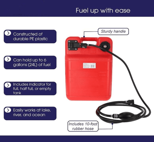 Vinso Boat Gas Tank Kit 6 Gallon - Portable Plastic Outboard Marine Boat Fuel Tank with Fill Hose - Image 4