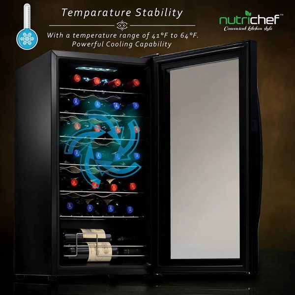 NutriChef 28 Bottle Large Compressor Wine Cooler Refrigerator Cooling System Black Glass Door - Image 3