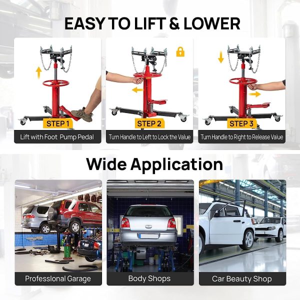 TUFFIOM Transmission Jack, 1,100 lbs 1/2-Ton Hydraulic 2-Stage High Lift Vertical Telescoping Floor Jack Stand, 34" to 68" Lifting Range, w/Pedal, 360° Swivel Wheels, Garage/Shop Lift Hoist - Image 14