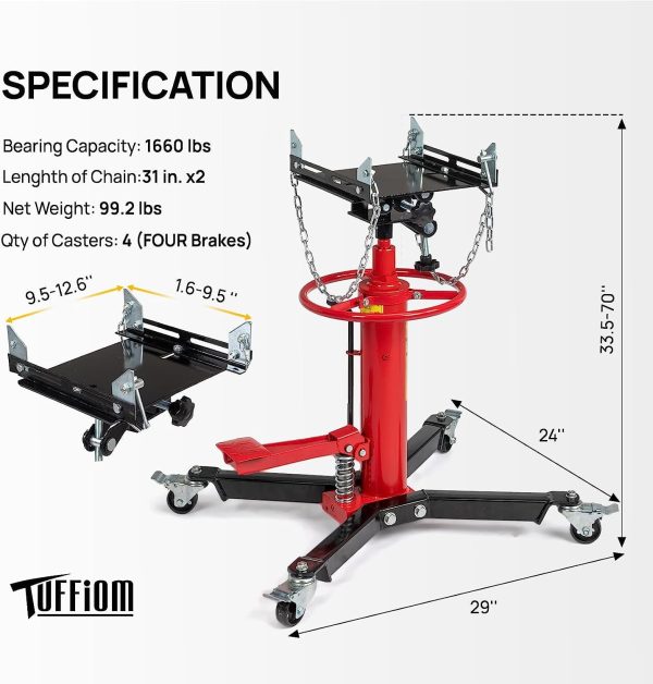 TUFFIOM Transmission Jack, 1660 lbs 3/4-Ton Hydraulic 2-Stage High Lift Vertical Telescoping Floor Jack Stand, 34" to 68" Lifting Range, w/Pedal, 360° Swivel Wheels, Garage/Shop Lift Hoist - Image 13