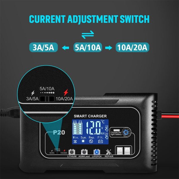 KingFurt Automatic Battery Charger - Intelligent 12V/24V Charging, LCD Display, 20A Amp, All-in-One Solution for Cars, RVs, Trucks - Image 4