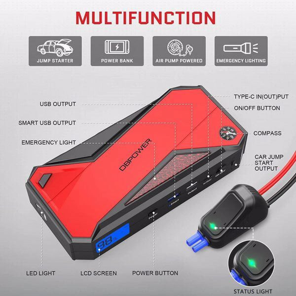 DBPOWER Peak 1600A 18000mAh Car Battery Jump Starter, up to 7.2 Gas, 5.5L Diesel Engines, Portable Battery Booster with Smart Charging Port, LCD Display, Intelligent Jumper Clamps, DJS90, Red Black - Image 4