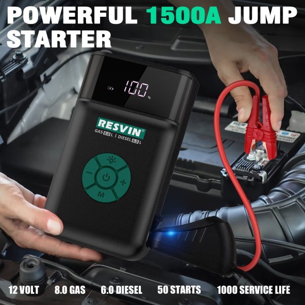 RESVIN Jump Starter with Air Compressor, 1500A 13500mAh Battery Starter with 120PSI Digital Tire Inflator, 12V Lithium Battery Pack for Vehicles, Car Battery Booster for 8.0L Gas or 6.0L Engines - Image 2