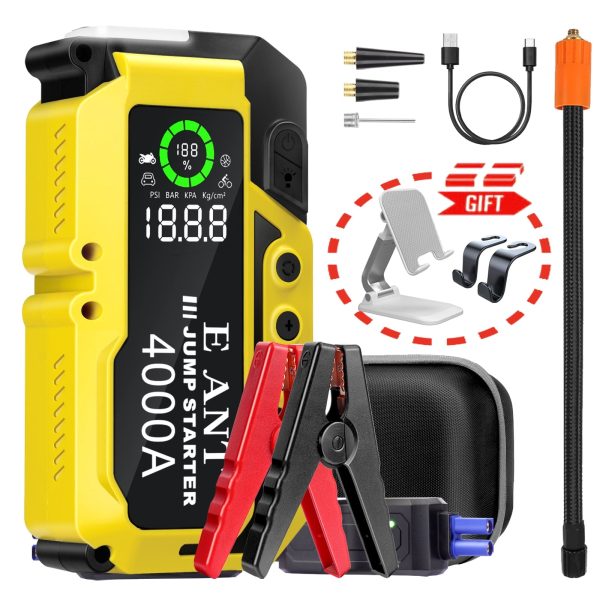 E-Ant Car Jump Starter with Air Compressor (10L Gas/8L Diesel), 4000A Peak Lithium 12v Auto Battery Jump Pack, Power Bank USB QC3.0, Portable Battery Booster Pack Jumper Box Tire inflator 150PSI