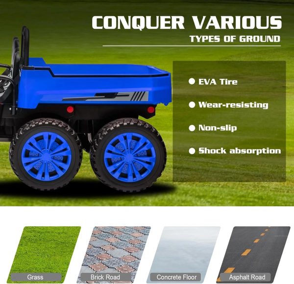 Track 7 24V Ride on Dump Truck, 2-Seater Ride on Car with Remote Control, 6 Wheels Electric Tractor with Dump Bed, Music, Shift Lever, 4WD off-Road UTV, Blue - Image 5