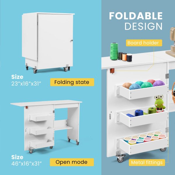 VIVOHOME Folding Sewing Craft Table, Rolling Sewing Machine Desk with Storage Shelves, Sewing Cabinet with Lift for Small Spaces, White - Image 4