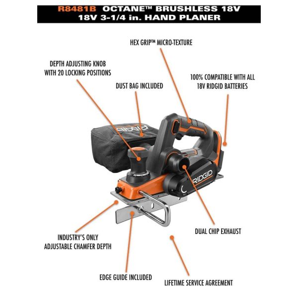 18V OCTANE Brushless Cordless 3-1/4 in. Planer Kit with Dust Bag, Dust Port, Edge Guide, 2.0 Ah Battery, and Charger R8481KSBN - Image 4