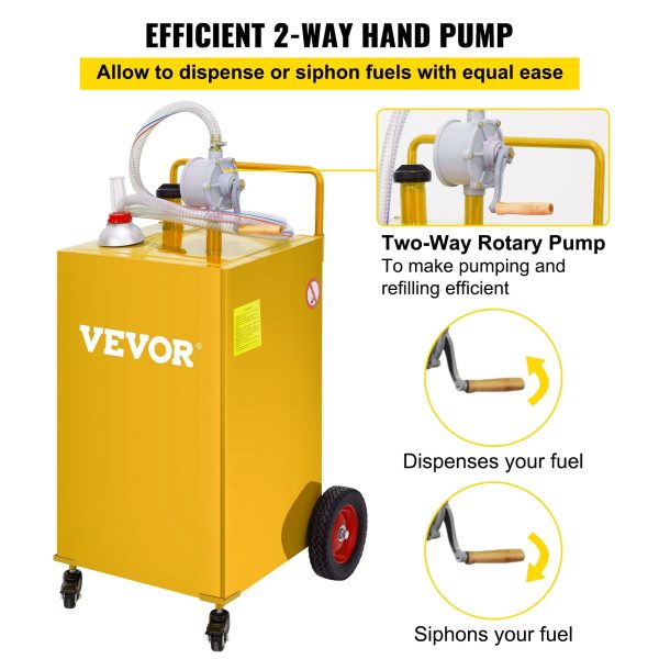 VEVOR 35 Gallon Gas Caddy, Fuel Storage Tank with 4 Wheels, Portable Fuel Caddy with Manuel Transfer Pump, Gasoline Diesel Fuel Container for Cars, Lawn Mowers, ATVs, Boats, More, Yellow - Image 3