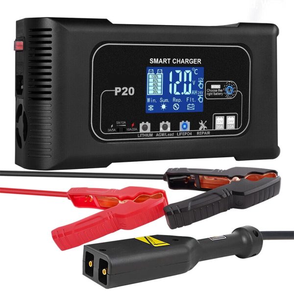 KingFurt Automatic Battery Charger - Intelligent 12V/24V Charging, LCD Display, 20A Amp, All-in-One Solution for Cars, RVs, Trucks