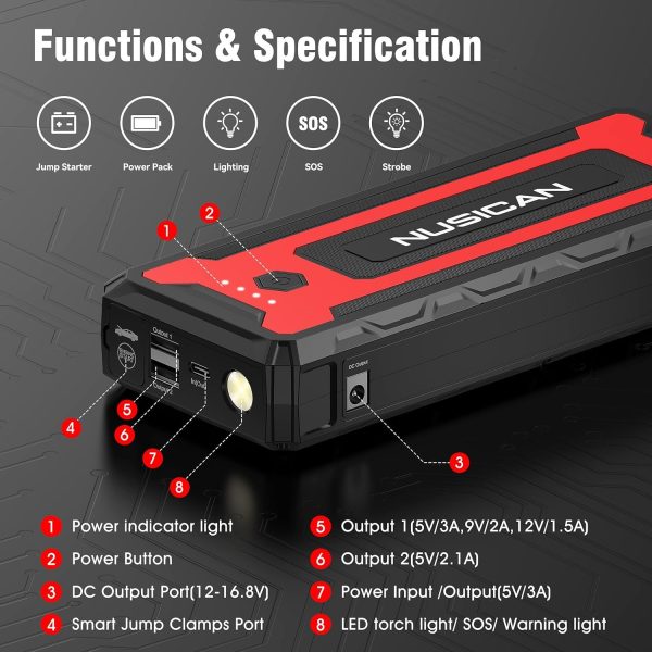 NUSICAN Portable Car Jump Starter , 2600A Peak 22000mAh Lithium battery Booster Power Pack for up to 8.0L Gas & Diesel, Power Bank Charger for Car Battery with Dual USB/Quick Charge 3.0 /Type-C - Image 3