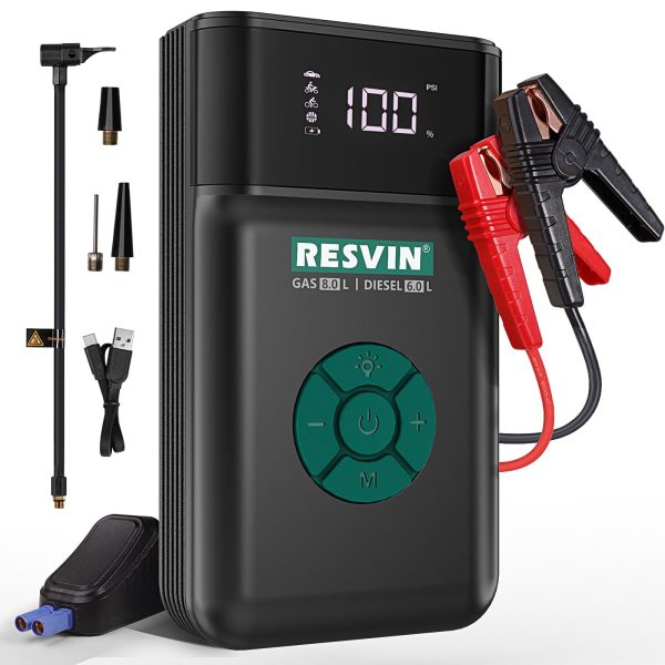 Portable Power Station Jump Starter: 1200 Peak/600 Instant Amps, 120 PSI Air Compressor, 1500A 13500mAh 12V Battery for 8.0L Gas or 6.0L Engines