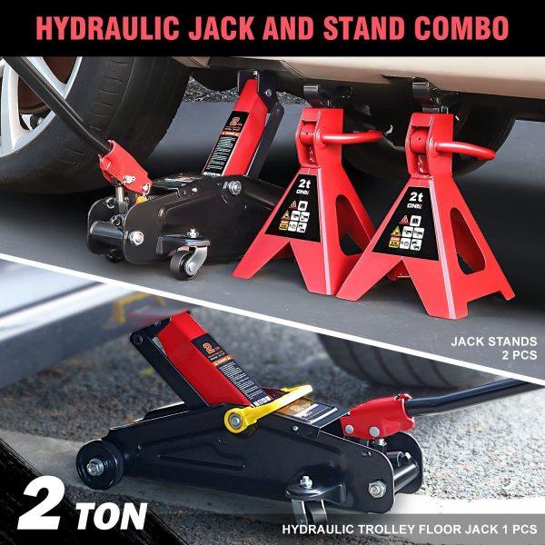 DNA Motoring TOOLS-00280 Low Profile Hydraulic Trolley Service/Floor Jack Combo with 2 Ratchet Jack Stands - Image 2